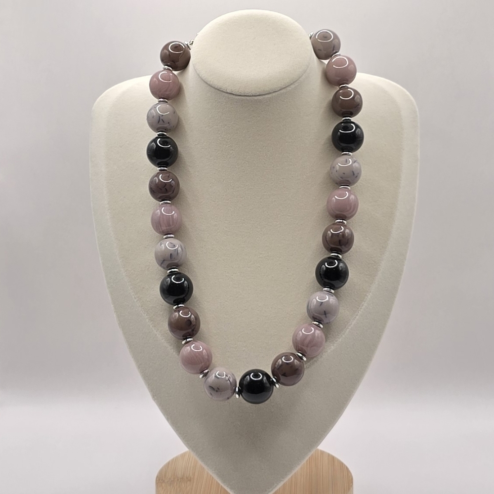 Taupe & Purple Marble Chunk Bead Strand Necklace
